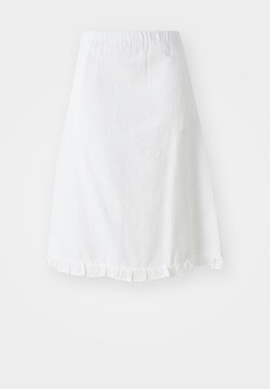 White skirt with elastic waistband, featuring a textured pattern and a ruffled hem at the bottom. Simple A-line design.