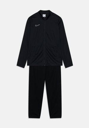 Black athletic tracksuit featuring a zip-up jacket with side pockets and long sleeves, paired with matching pants, crafted from smooth fabric.