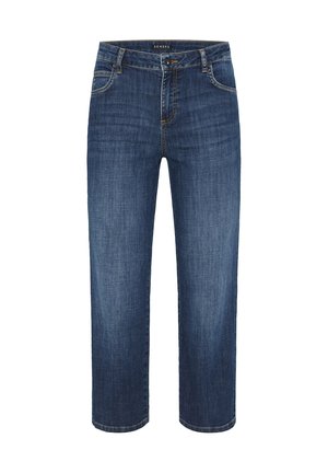Blue denim jeans with a straight-leg design, featuring a zip fly, belt loops, and subtle stitching details on pockets and seams.