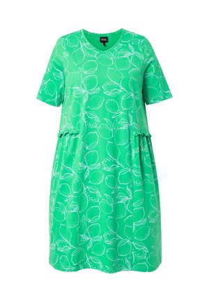 Groene jurk met korte mouwen met witte citroen- en bladprint, V-hals en gerimpelde ruchesdetail in de taille.