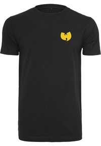 Black short-sleeve t-shirt made of cotton, featuring a yellow logo printed on the left chest area. Smooth texture, crew neck design.