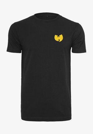 Black short-sleeve t-shirt made of cotton, featuring a yellow logo printed on the left chest area. Smooth texture, crew neck design.
