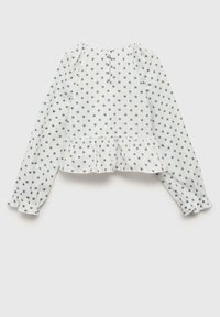 Blusa bianca a maniche lunghe con piccolo motivo floreale blu, orlo peplum, polsini arricciati e scollo rotondo. Tessuto leggero.