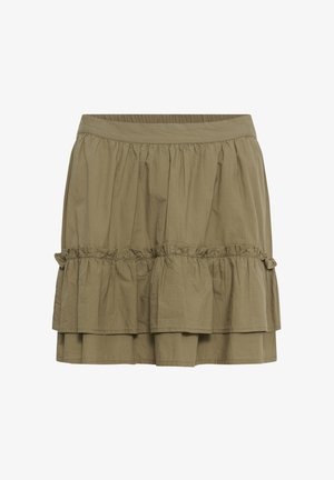 Khaki-colored tiered skirt with elastic waistband, gathered fabric, and ruffle detail around the middle.