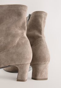 Stivaletti alla caviglia in pelle scamosciata marrone chiaro con tacco largo, dotati di cerniera laterale e cuciture decorative lungo le cuciture. Texture liscia.