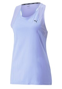 Jasnofioletowy sportowy top bez rękawów z przewiewnymi panelami z siateczki, z okrągłym dekoltem i małym czarnym logo na lewej piersi.