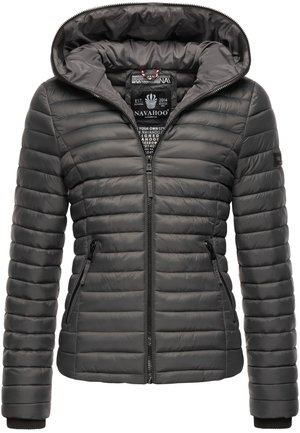 Black quilted puffer jacket with a front zipper, hood, two zippered side pockets, and a fitted waist made by Navahoo.