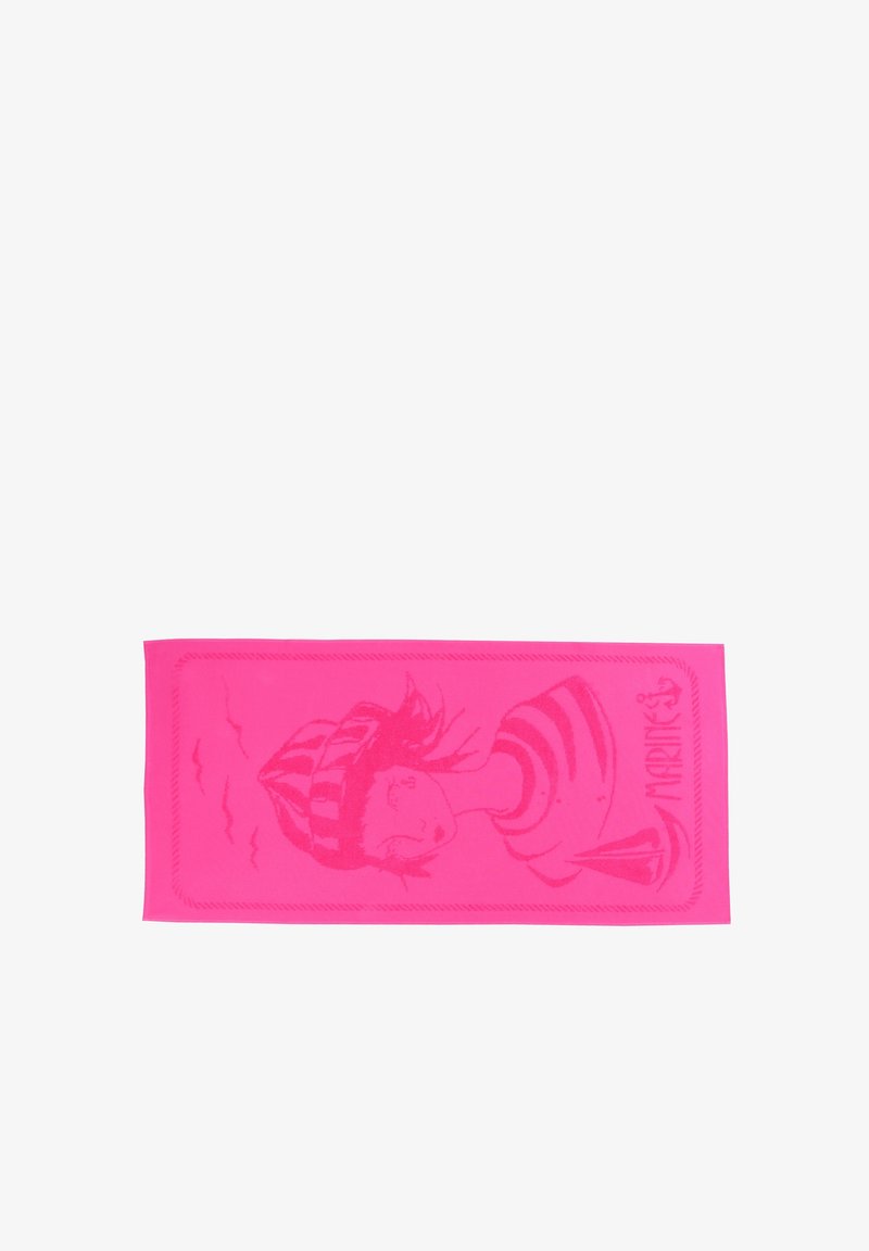 Bright pink towel with a stylized drawing of a girl in a striped sailor shirt and hat, with the word "MARINE" and an anchor symbol.