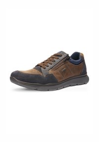 Brown and dark gray casual sneaker with laces, side zipper, and cushioned sole on white background.