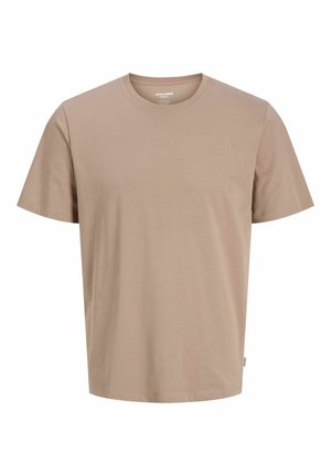 Beige katoenen T-shirt met een ronde hals en korte mouwen. Kenmerkt zich door een rechte snit en subtiele branding aan de zijkant. Zachte textuur.