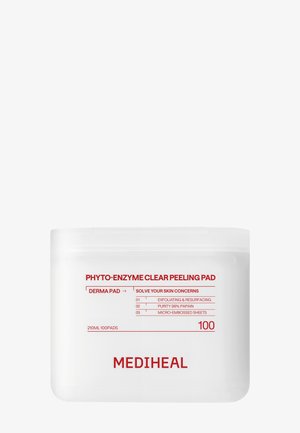 Mediheal Phyto-Enzyme Clear Peeling Pad-beholder med 100 pads, som fremhever eksfoliering, 99 % papainrenhet og mikro-preget ark.
