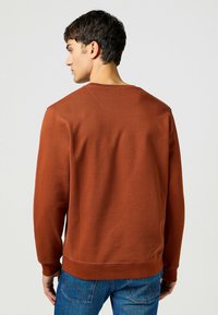 Felpa marrone con collo rotondo, maniche lunghe e polsini a coste. Tessuto liscio con dettagli di cucitura a contrasto. Abbinate a jeans blu.