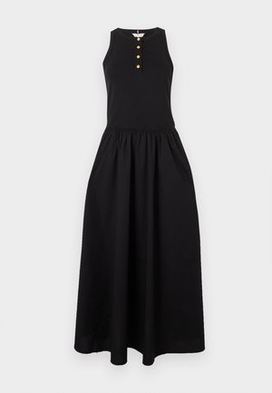 Robe maxi noire sans manches, avec un corsage ajusté et une jupe froncée. Dispose d'une patte de boutonnage à l'avant avec des boutons dorés.