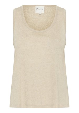 Beige tanktop met een ronde halslijn, gemaakt van zachte stof. Losse pasvorm met zijnaad, geen zichtbare patronen of hardwaredetails.