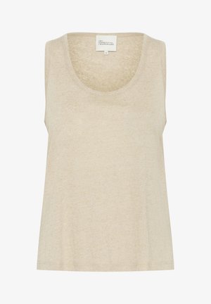 Bežs topiņš ar noapaļotu kakla izgriezumu, izgatavots no mīkstas auduma. Brīva piegriezuma, ar sānu šuvēm, bez redzamām rakstām vai detaļām.