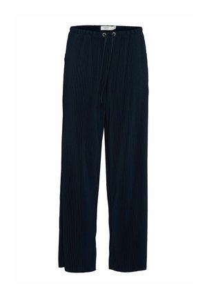 Pantaloni a gamba larga blu navy realizzati in tessuto testurizzato, con pieghe verticali e una cintura elastica con chiusura a cordoncino.
