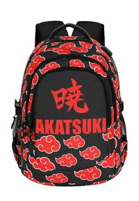 Zwarte rugzak met rode wolkpatronen en grote "AKATSUKI" tekst. Voorzien van gevoerde schouderbanden, een bovenhandvat en zijvakken van gaas.