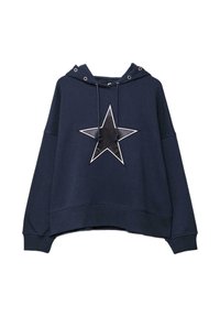 Sweat à capuche bleu marine avec un grand motif étoile en noir et blanc. Comprend une capuche à cordon de serrage et des poignets côtelés. Tissu doux au toucher.