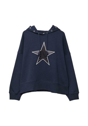 Sweat à capuche bleu marine avec un grand motif étoile en noir et blanc. Comprend une capuche à cordon de serrage et des poignets côtelés. Tissu doux au toucher.