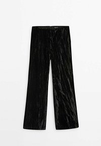Pantalon en velours noir à jambes larges, taille haute avec un léger brillant, étalé à plat sur un fond blanc.