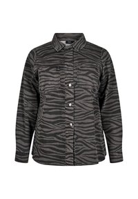 Sort og grå zebra-stribet shirtjakke med knaplukning foran, to brystlommer og krave. Lange ærmer.