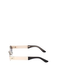 Occhiali con lenti rotonde grigie, montatura dorata e aste nere. Dettagli notevoli includono elementi metallici vicino alle cerniere.