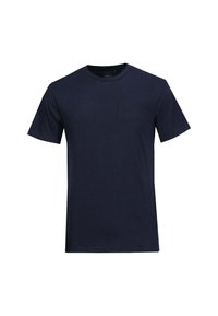 Dunkelblaues Kurzarm-T-Shirt aus weicher Baumwolle, mit Rundhalsausschnitt, geradem Saum und minimalen Nähten.