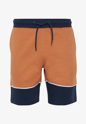 Oranges Sweatshirt-Shorts mit einem dunkelblauen elastischen Bund und Kordelzug. Verfügt über kontrastierende marineblaue und weiße Abschnitte am Saum.