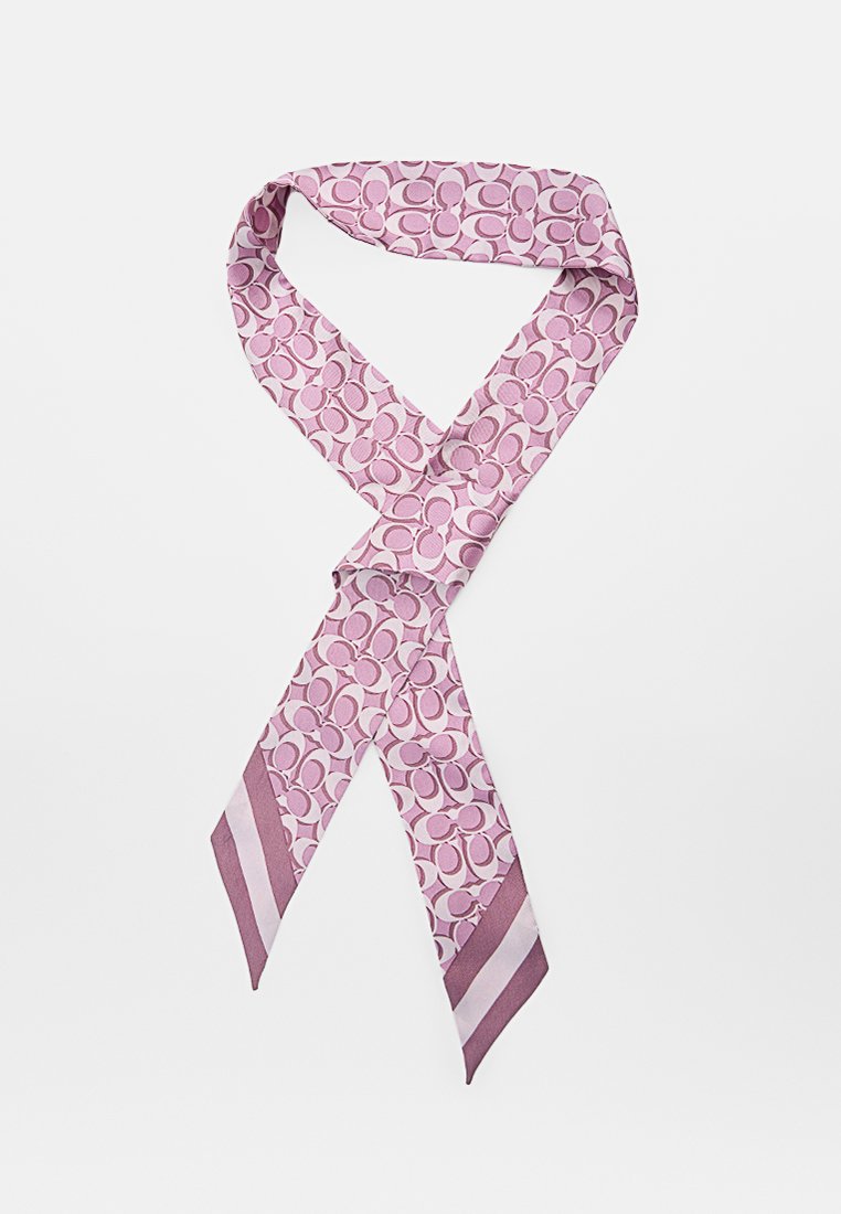 Rosa Schal mit einem wiederholten Kreis-Muster, aus glattem Stoff gefertigt, mit zulaufenden Enden und einfarbigen Streifen am unteren Ende.