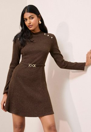 PETITE FIT - LONG SLEEVE BELTED COSY MINI - Gebreide jurk - brown