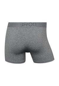 Grå bokser-shorts fremstillet af blødt, strækbart stof. Har en bred elastisk talje med brandingdetaljer. Glat tekstur og tætsiddende facon.