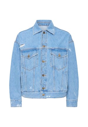 Hellblaues Denim-Jacket mit klassischem Design, zwei Brusttaschen, distressed Details und Knopfverschluss mit metallischen Akzenten.