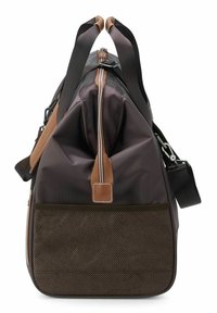 Borsa da viaggio in nylon marrone con dettagli in pelle, ampia apertura, pannello inferiore testurizzato, doppi manici e tracolla rimovibile.