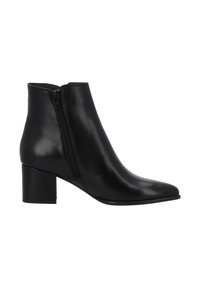 Stivali ankle in pelle nera con punta appuntita, zip laterale e tacco a blocco. Texture liscia con un design minimalista.