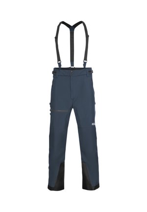 Navy wasserfeste Hose mit verstellbaren schwarzen Trägern, Reißverschlusstaschen, verstärkten unteren Kanten und Logodetails auf einer Seite.