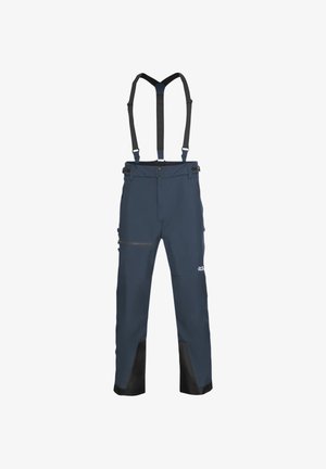 Pantaloni impermeabili navy con bretelle nere regolabili, tasche con cerniera, bordi inferiori rinforzati e dettaglio del logo su un lato.