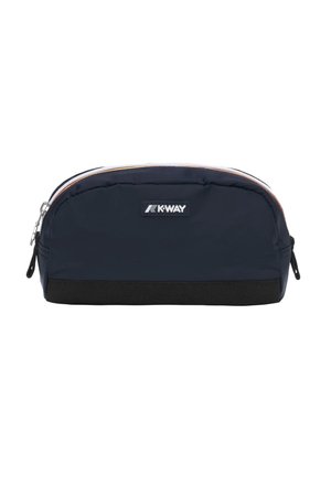 Piccola pochette K-Way blu navy con zip, base nera, forma rettangolare e cursori argentati su entrambi i lati.