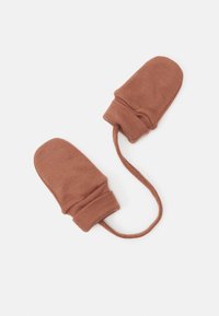 Mittens castanhas tricotadas com uma textura suave, apresentando uma bainha dobrada e um cordão associado para segurança.