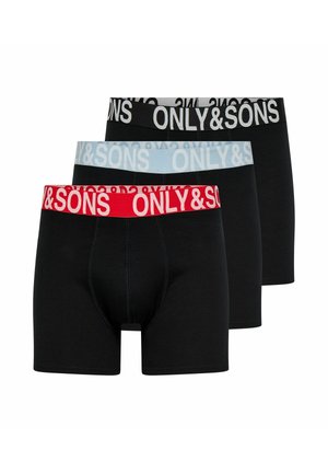 Trzy czarne bokserki z elastycznymi pasami w kolorach czerwonym, jasnoniebieskim i czarnym, wszystkie z nadrukiem "ONLY & SONS".