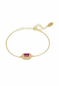 Bracciale in oro con impostazione ottagonale e una pietra centrale rosa circondata da pietre trasparenti, collegato da una delicata catena.