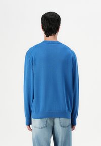 Maglione blu a maglia con maniche lunghe, scollo tondo, e polsini e orlo a costine. Indossato con jeans in denim azzurri, visto da dietro.