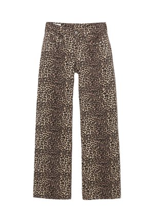 Pantalons larges en imprimé léopard marron et beige, dotés d'un design classique à cinq poches et de détails en métal.