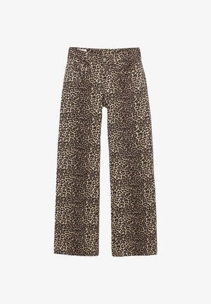 Pantalons larges en imprimé léopard marron et beige, dotés d'un design classique à cinq poches et de détails en métal.