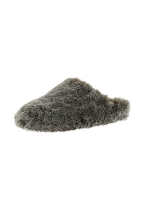 Singola pantofola grigia pelosa con retro aperto e texture morbida in peluche per uso interno.
