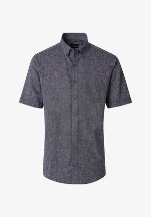 Chemise gris foncé à manches courtes avec boutons, col boutonné et tissu à motif finement texturé.