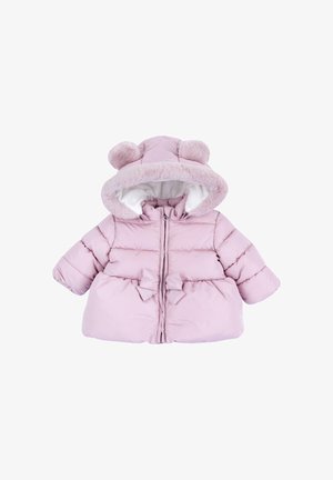 Chaqueta acolchada rosa con capucha forrada de piel y orejas de oso. Cuenta con cierre delantero de cremallera y lazos decorativos en la cintura. Textura suave y acolchada.