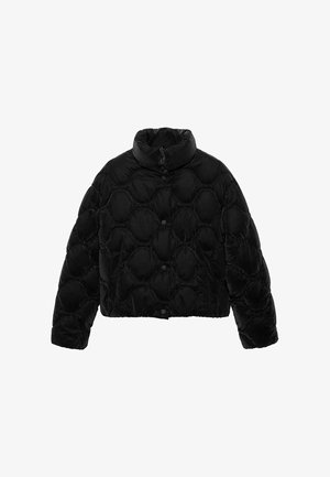 Giubbotto puffer nero con collo alto, design trapuntato caratterizzato da motivi circolari e chiusure a bottone automatico, presenta una silhouette cropped.