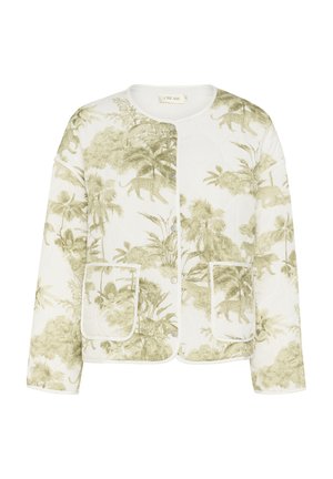 Nobružota balta jaka ar zaļo džungļu rakstu, kurā attēloti leopardi, pabeigta ar divām priekšējām kabatām un kontrastējošu apdari gar malām.