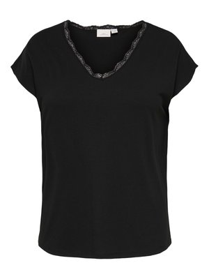Black short-sleeve women's top with lace-trimmed V-neckline, relaxed fit, and soft fabric.