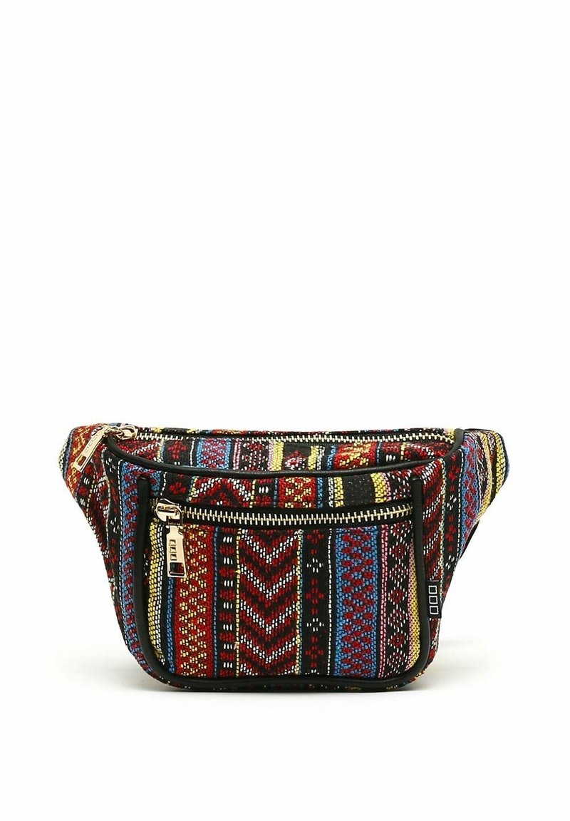 Saszetka na pas z przednią kieszenią na zamek, zdobiona żywymi wzorami geometrycznymi i paskami w kolorach czerwonym, niebieskim, żółtym i czarnym, wykonana z tkaniny splotowej.